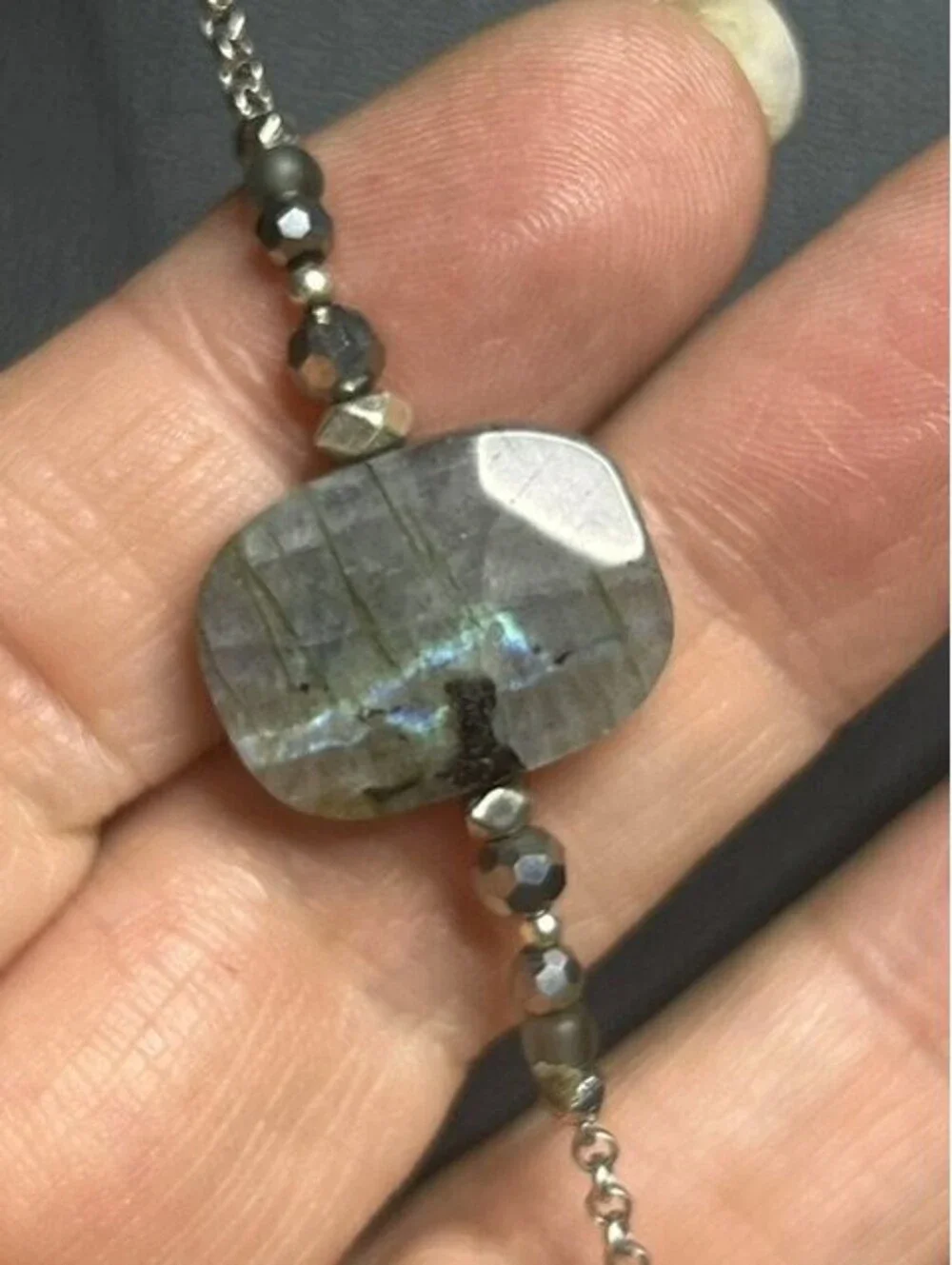 B6663 NAKAMOL Labradorite Hematite Long Station Necklace Silver Tone 40